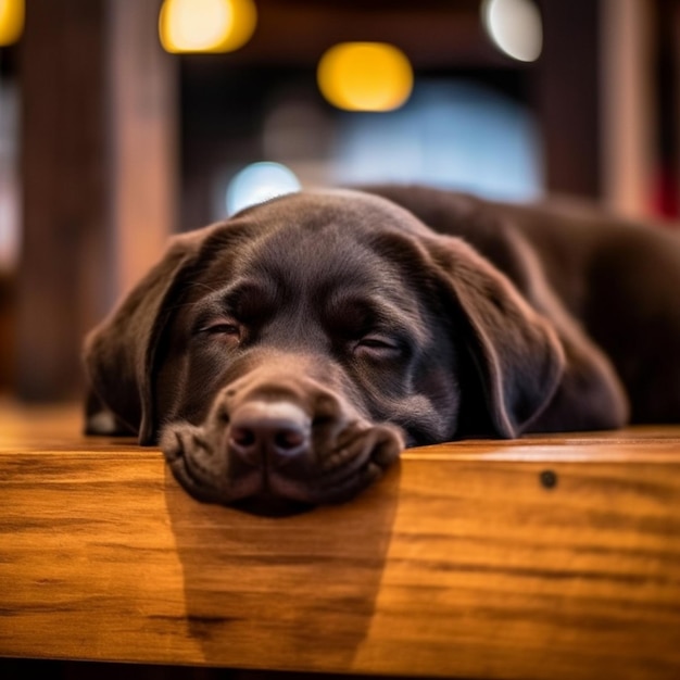 There is a black dog laying on a wooden table with its head on the table generative ai