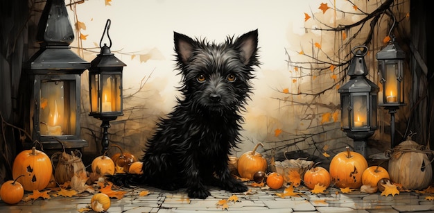 there is a black dog sitting in front of a bunch of pumpkins generative ai