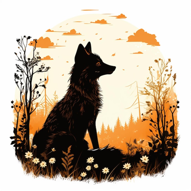 в траве сидит черная собака с деревьями и цветами, генерирующий искусственный интеллект