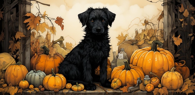 there is a black dog sitting in a pile of pumpkins generative ai