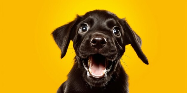 There is a black dog with a big smile on a yellow background generative ai