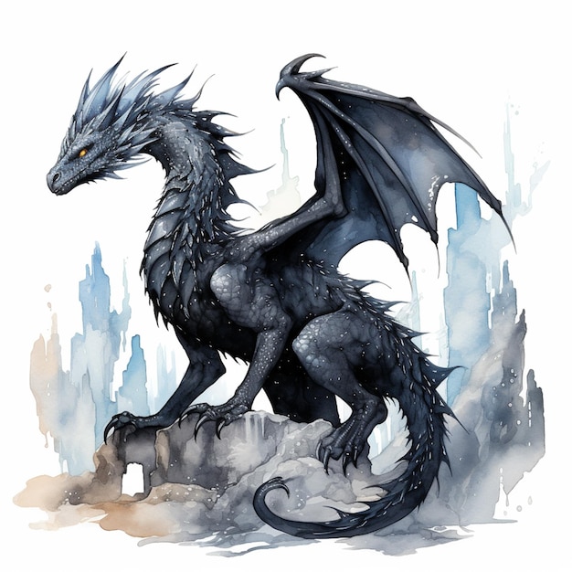 there is a black dragon with a blue tail and a yellow eye generative ai