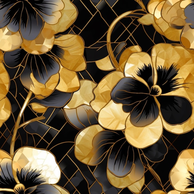 There is a black and gold floral pattern with gold leaves generative ai