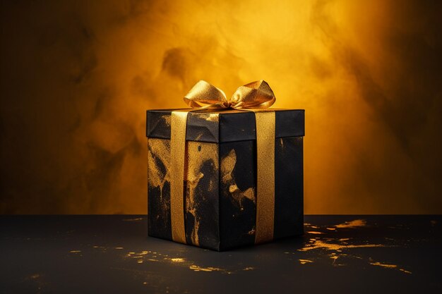 There is a black and gold gift box with a gold bow generative ai