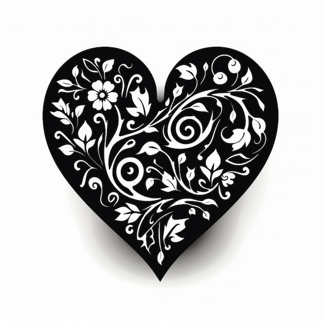 Photo there is a black heart with white flowers and vines on it generative ai