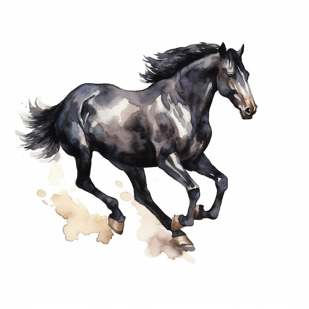 There is a black horse running on a white background generative ai