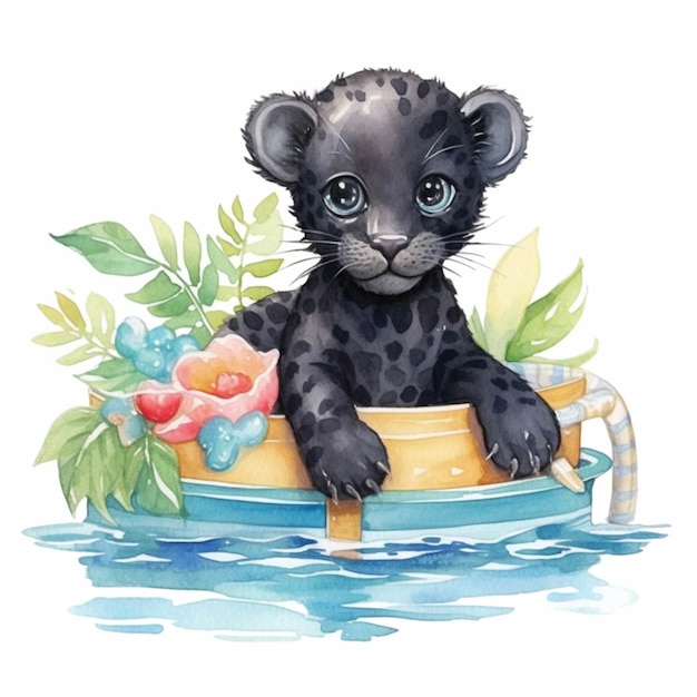 There is a black leopard sitting in a boat with flowers generative ai