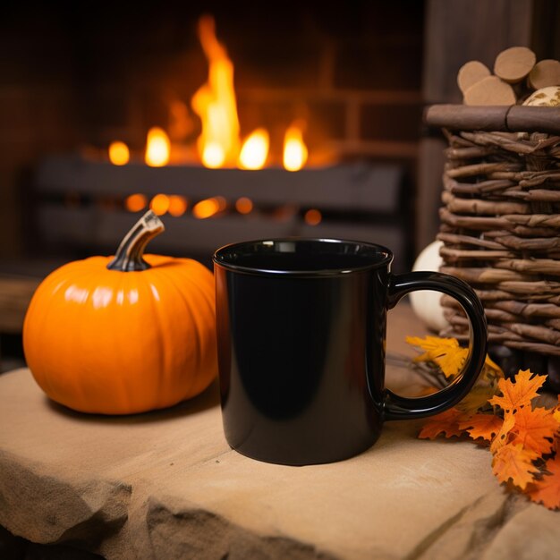 There is a black mug sitting on a table next to a basket of pumpkins generative ai