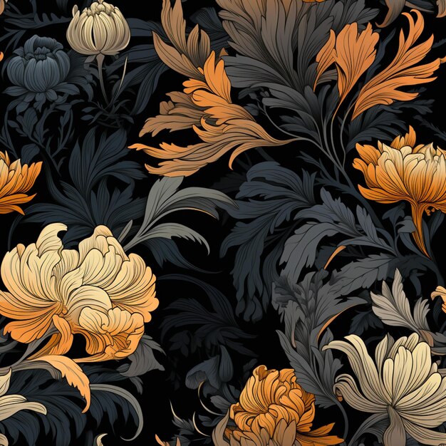 There is a black and orange floral pattern with leaves generative ai