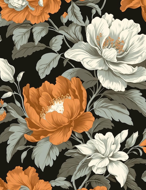 There is a black and orange floral pattern with white flowers generative ai