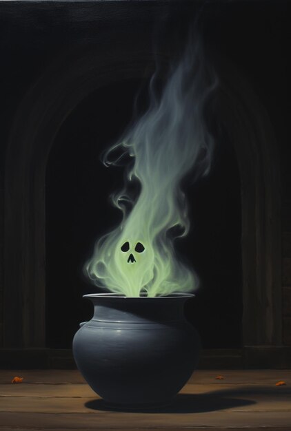 Photo there is a black pot with a ghost face on it generative ai