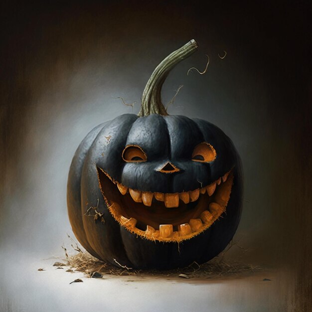 there is a black pumpkin with a carved face on it generative ai