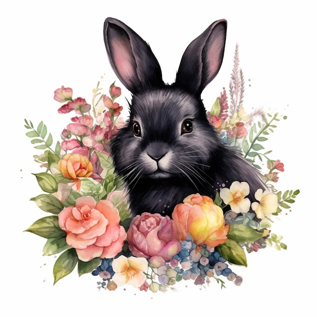 There is a black rabbit with flowers around it generative ai