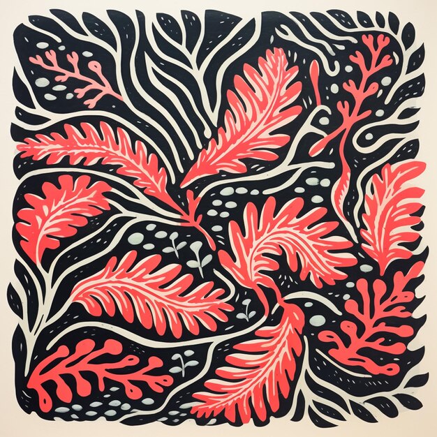 There is a black and red drawing of a plant with red leaves generative ai