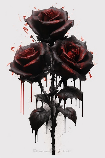 Photo there is a black rose with red paint dripping down it generative ai
