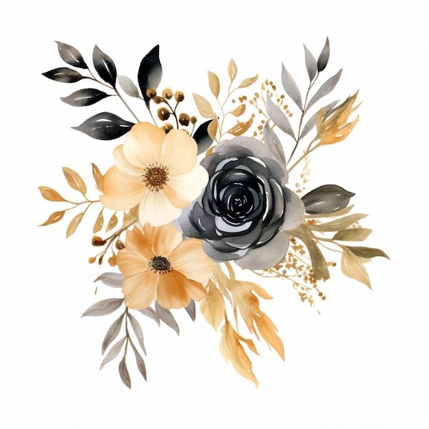 there is a black rose and yellow flowers on a white background generative ai