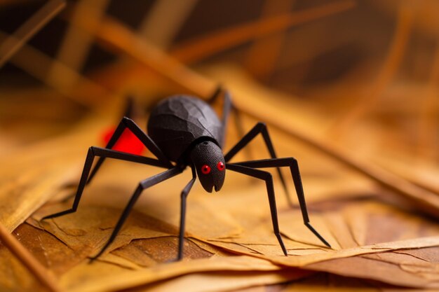 there is a black spider with red eyes on a leaf generative ai