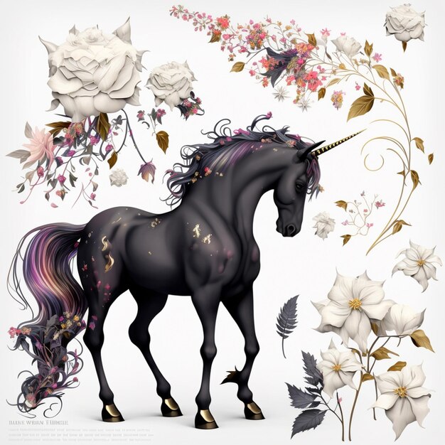 There is a black unicorn with a long mane and flowers generative ai