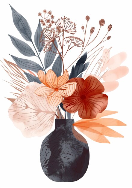 there is a black vase with flowers and leaves in it generative ai