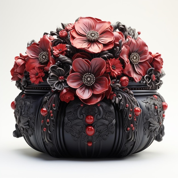 there is a black vase with red flowers in it generative ai