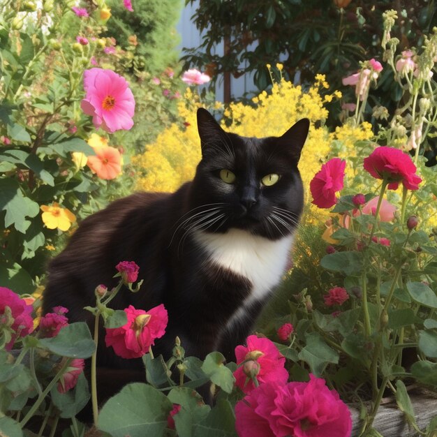 花の庭に座っている黒と白の猫がいます