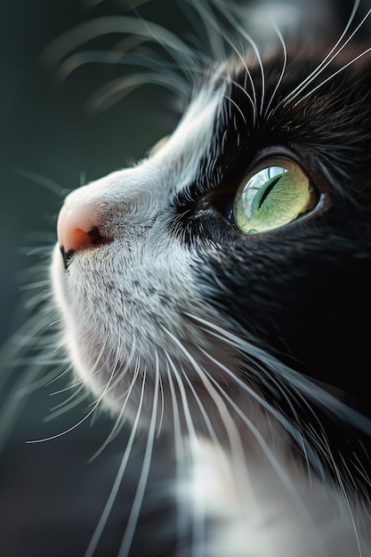 there is a black and white cat with green eyes looking up generative ai