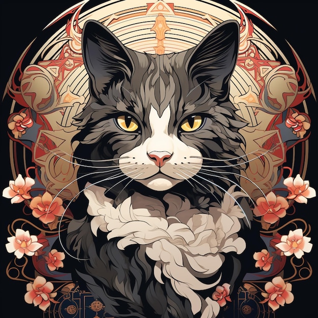 there is a black and white cat with yellow eyes and a flower generative ai