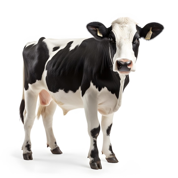 there is a black and white cow standing on a white surface Generative AI