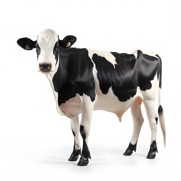 there is a black and white cow standing on a white surface Generative AI