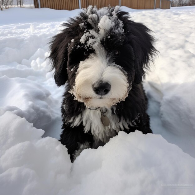There is a black and white dog sitting in the snow generative ai