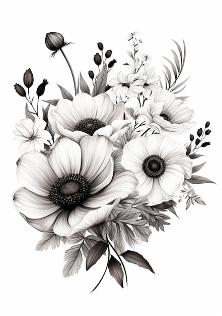 there is a black and white drawing of a bouquet of flowers generative ai