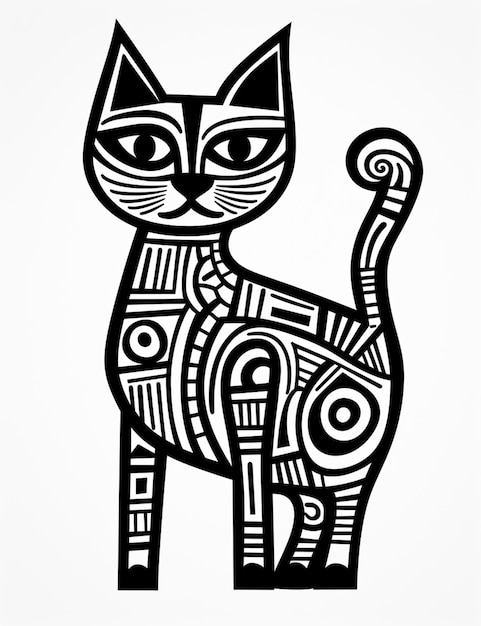 Photo there is a black and white drawing of a cat with a pattern on it generative ai