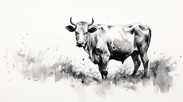 There is a black and white drawing of a cow in a field generative ai