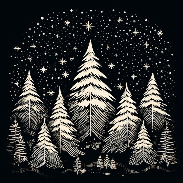 there is a black and white drawing of a forest with snow generative ai