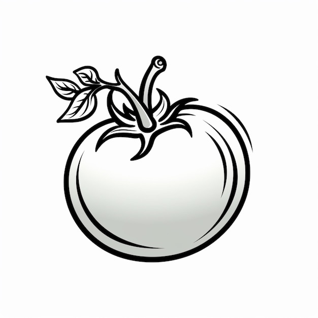 There is a black and white drawing of a tomato with a leaf generative ai