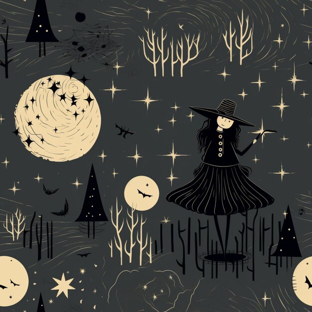 Photo there is a black and white drawing of a witch in a forest generative ai