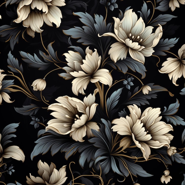 there is a black and white floral pattern with gold accents generative ai