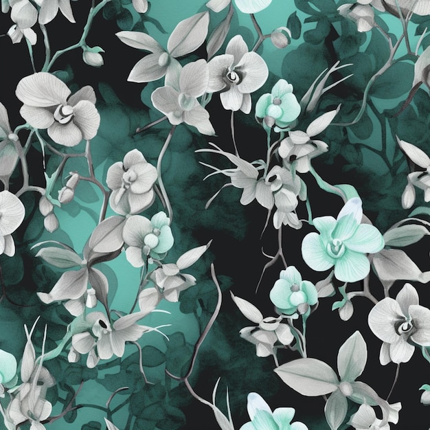 There is a black and white floral pattern with green leaves generative ai