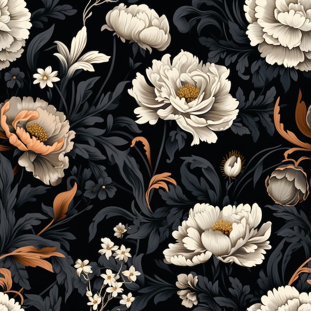 There is a black and white floral pattern with orange and white flowers generative ai