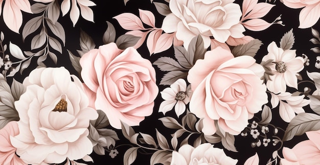 there is a black and white floral wallpaper with pink roses generative ai