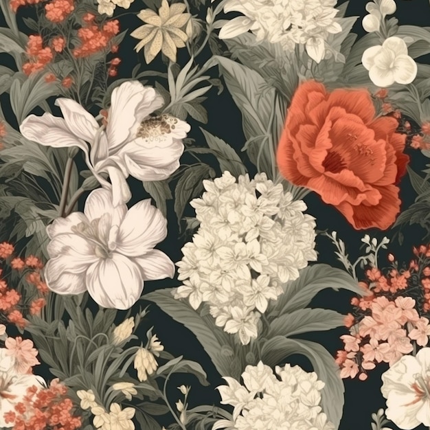 there is a black and white floral wallpaper with red and white flowers generativ ai