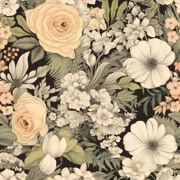 there is a black and white floral wallpaper with a rose generative ai