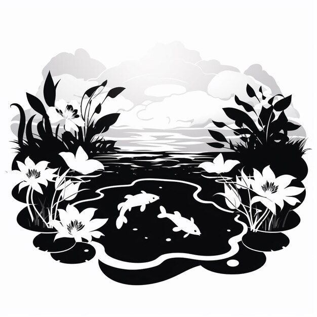 Photo there is a black and white image of a pond with fish generative ai