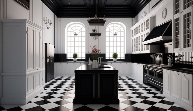 there is a black and white kitchen with a checkered floor generative ai