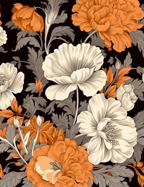 There is a black and white and orange floral pattern on a black background generative ai