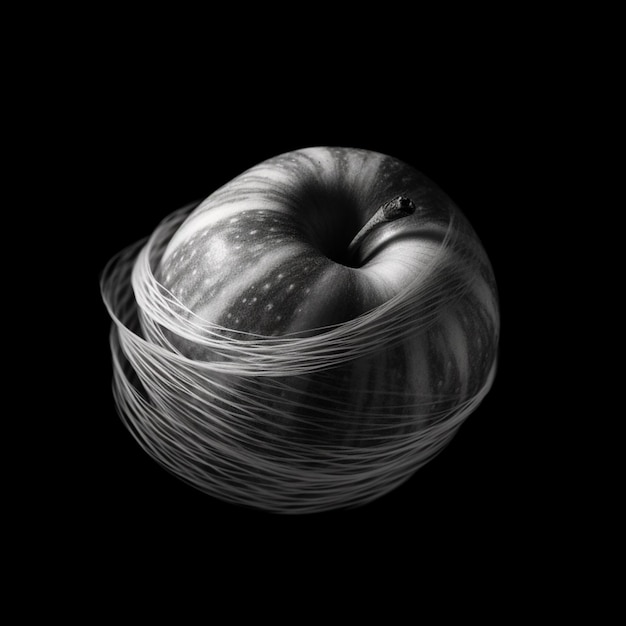 there is a black and white photo of an apple wrapped in plastic generative ai