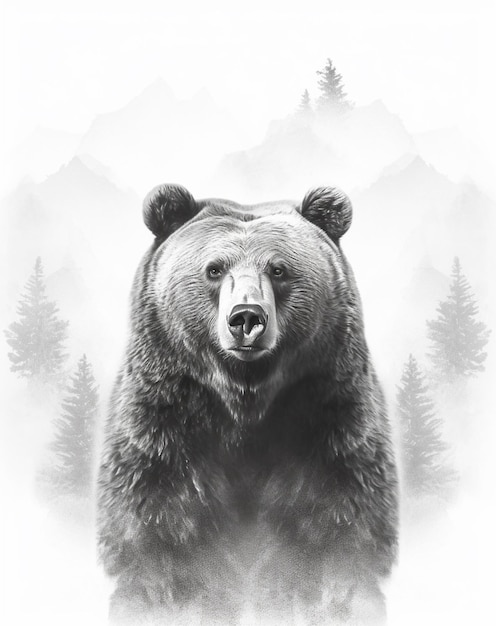 There is a black and white photo of a bear in the woods generative ai