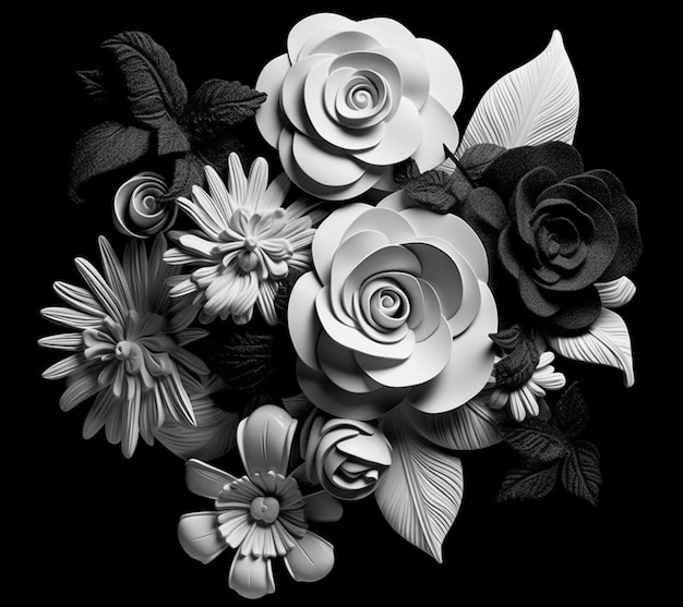 꽃 무리 생성 ai의 흑백 사진이 있습니다.