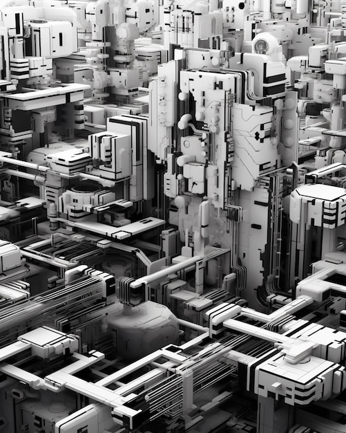 есть черно-белое фото завода со множеством машин с генеративным искусственным интеллектом