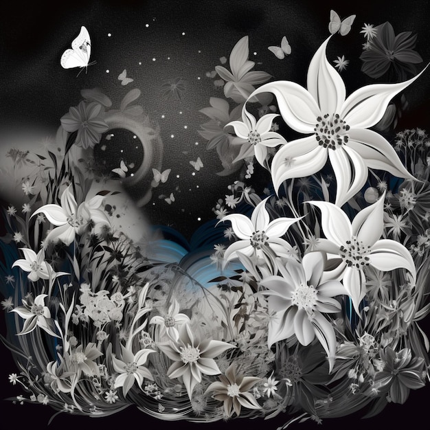 there is a black and white photo of a flower and butterfly generative ai